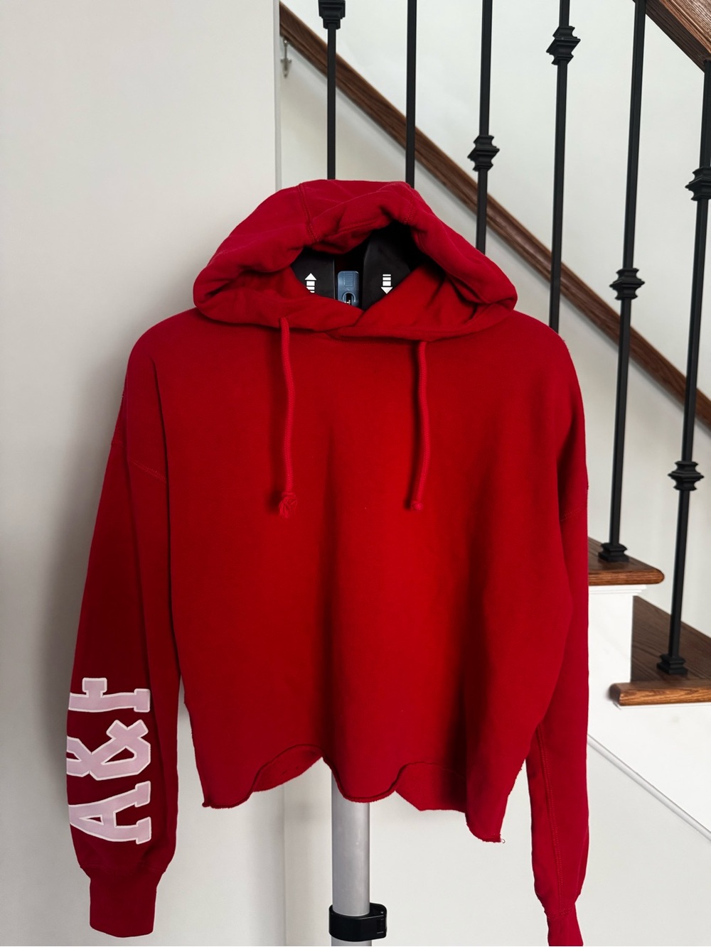 Abercrombie & Fitch Red Cropped Hooded Sweatshirt with White Sleeve Logo